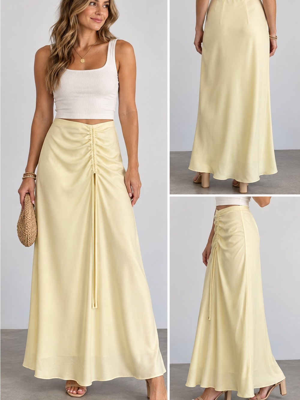 Lucy Paris Sienna Gathered Yellow Satin Maxi Skirt XS NWT